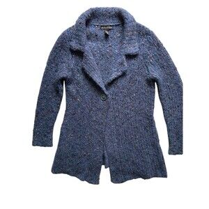 Marisa Christina Chunky Boucle Knit Cardigan Coat Size XL Blue Jewel Button Boho